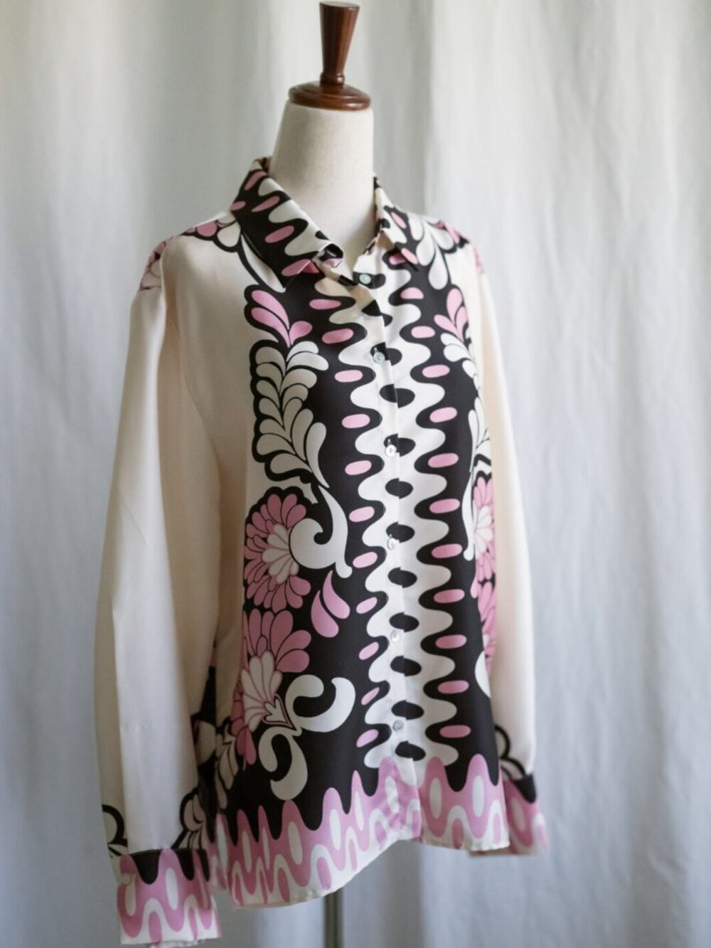 Zara Mod Print Button Blouse Black White Pink S